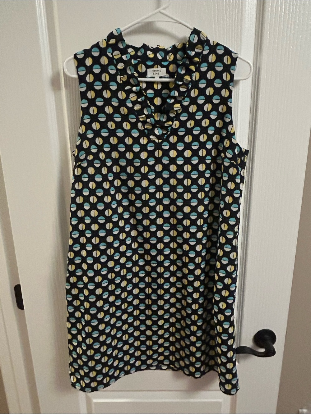 crown & ivy Black Sleeveless Shift Dress with Teal and Yellow Dot Motif